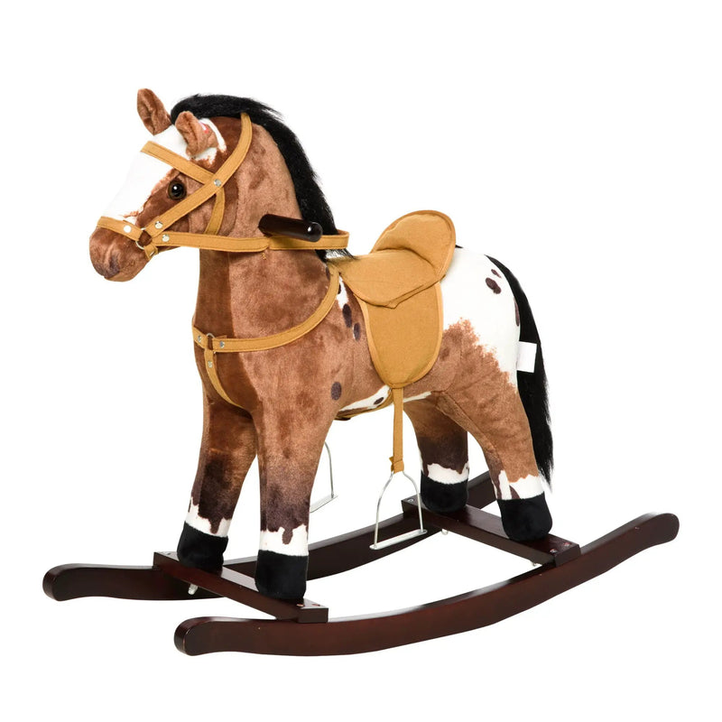 Qaba - Kids Metal Plush Ride-On Rocking Horse Chair Toy With Realistic Sounds - Dark Brown / White by HouseOfZazla