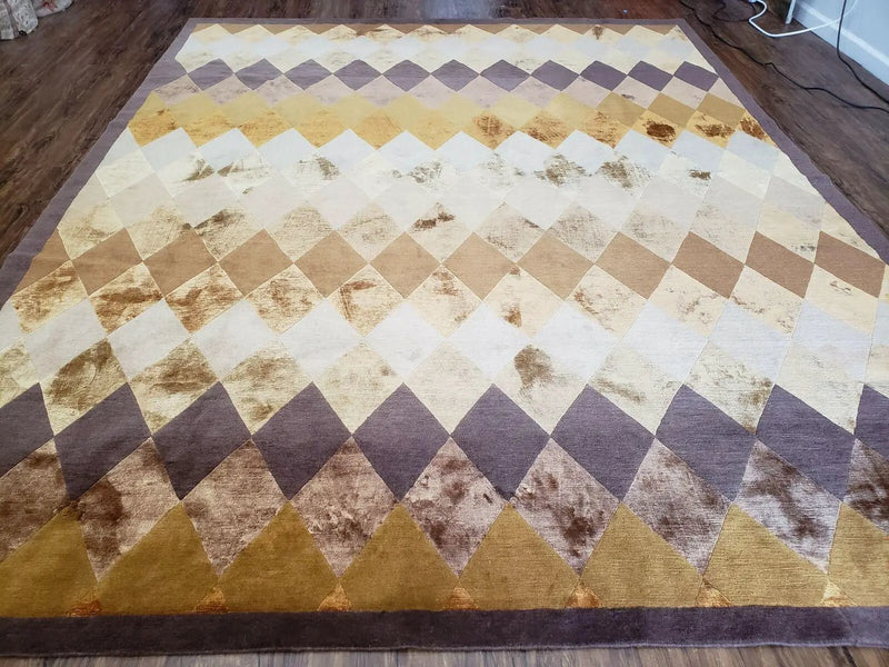 Modern Tibetan Rug 8.6 x 11, Wool and Silk, Multicolor, Diamond Panel Design by Jewel Rugs