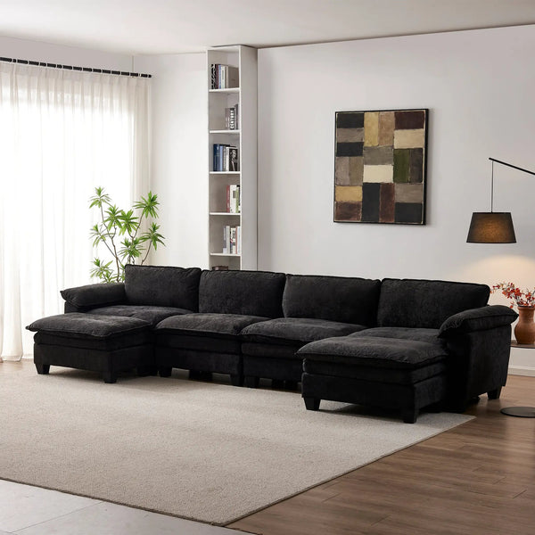 Luxury Chenille Upholstered U Shape Sofa with Two Ottomans, photo 2 of 10