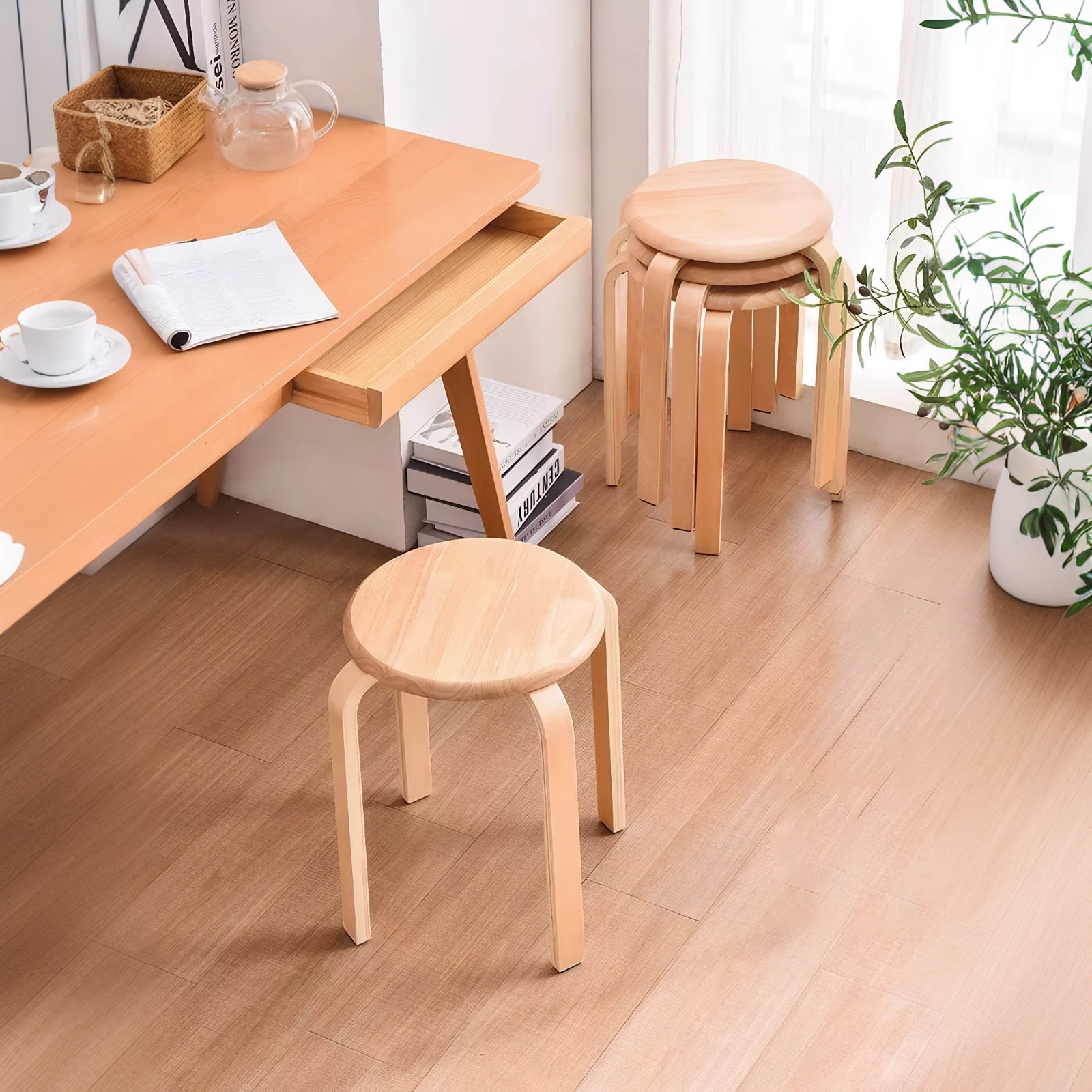 Stackable Bentwood Stool Set of 4, 18" Round Backless Nesting Stools by HouseOfZazla