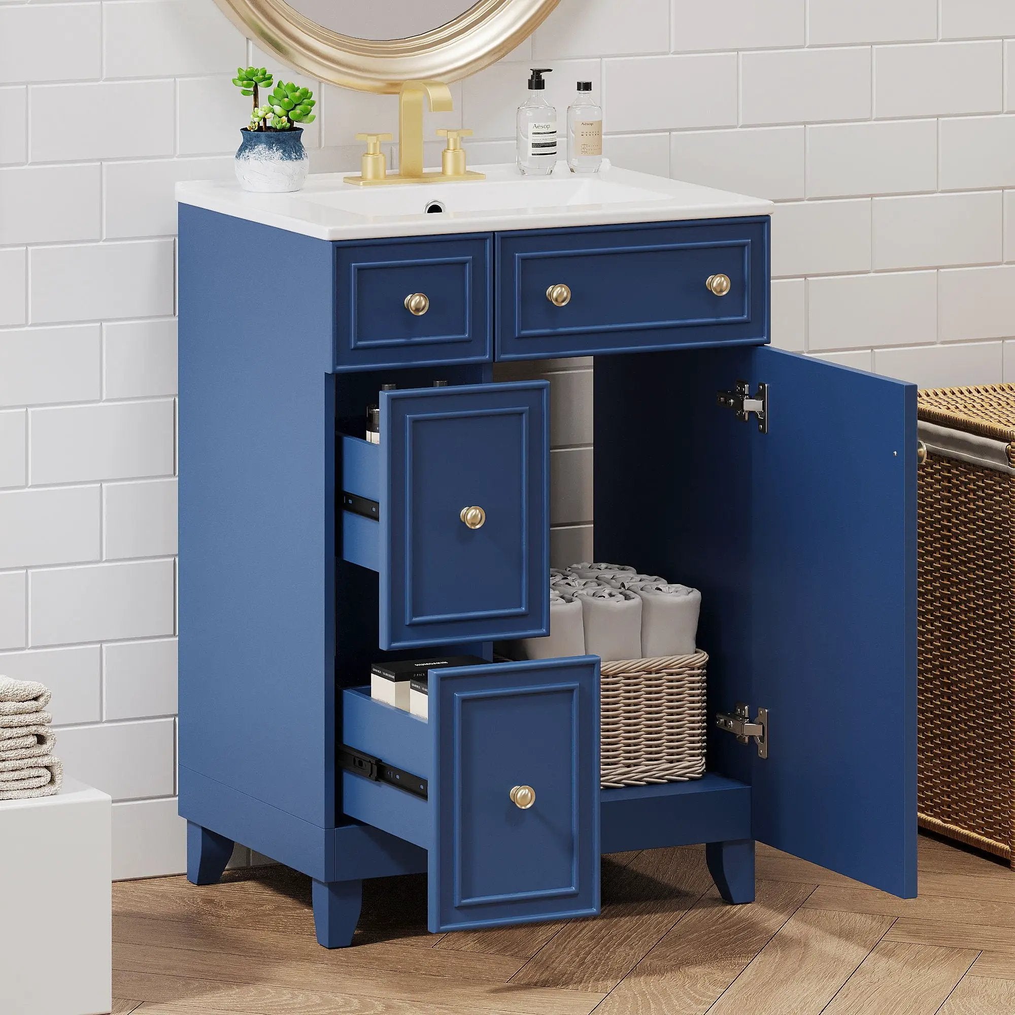 Transitional Style Bathroom Vanity Cabinet With Ceramic Sink by Unique Piece Furniture