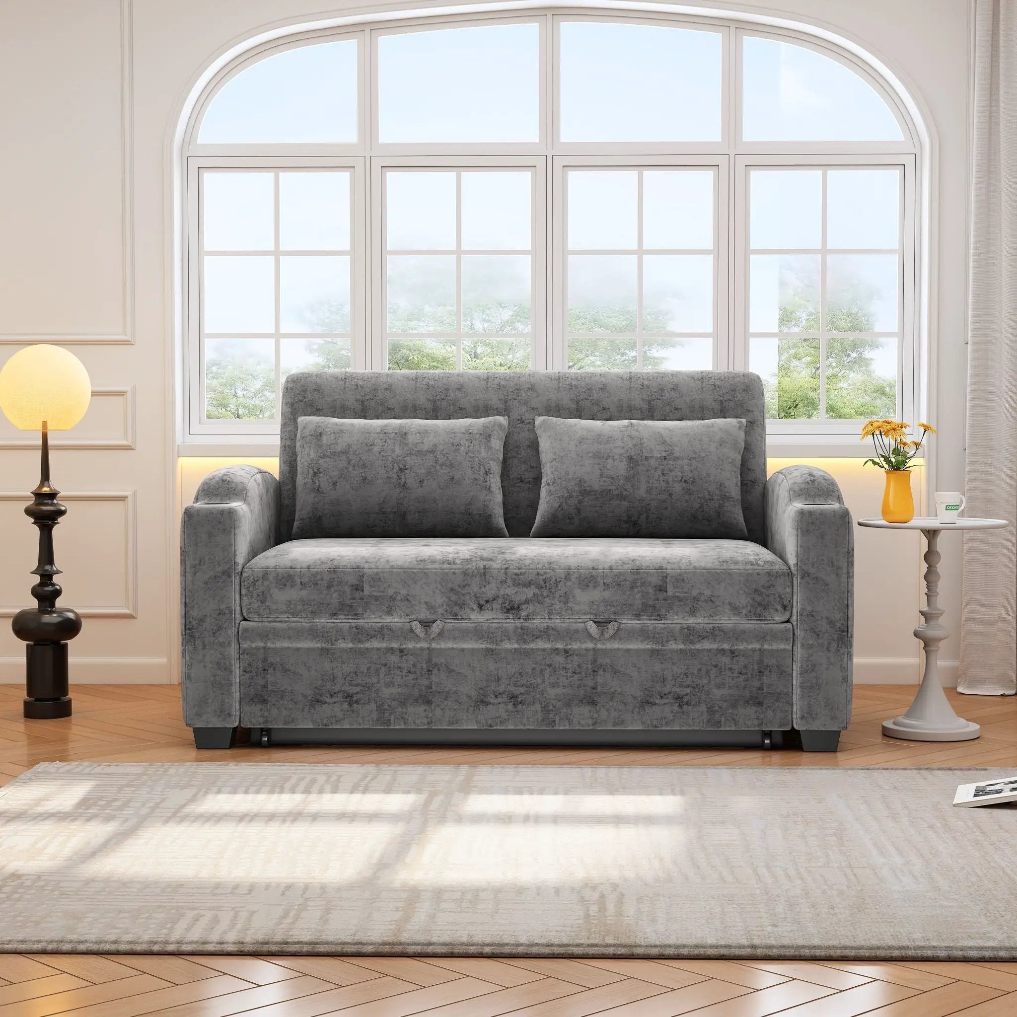 Pull Out Loveseat Sofa With Adjsutable Backrest, 2 Pillows, Cup Holders, USB Ports For Living Room by HouseOfZazla