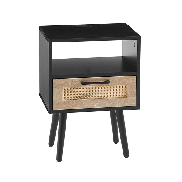 15.75" Rattan End Table With Power Outlet & USB Ports, Modern Nightstand With Drawer And Solid Wood Legs, Side Table For Living Room, Bedroom