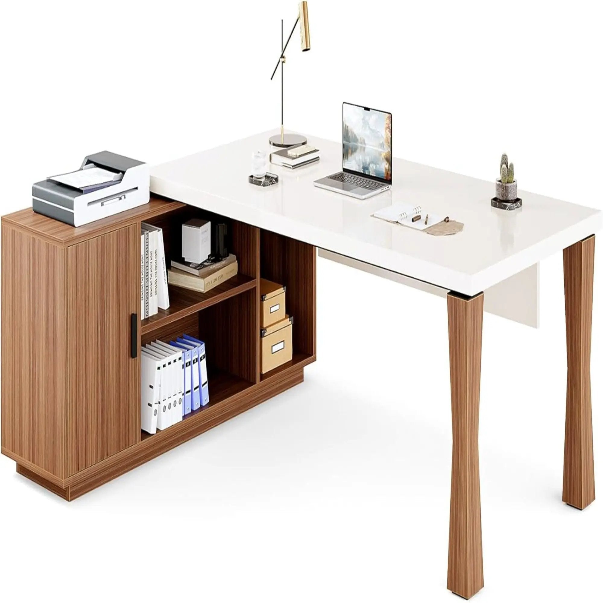 L-Shaped Executive Desk With Storage Cabinet, Home Office Workstation With Shelves - White / Walnut by HouseOfZazla