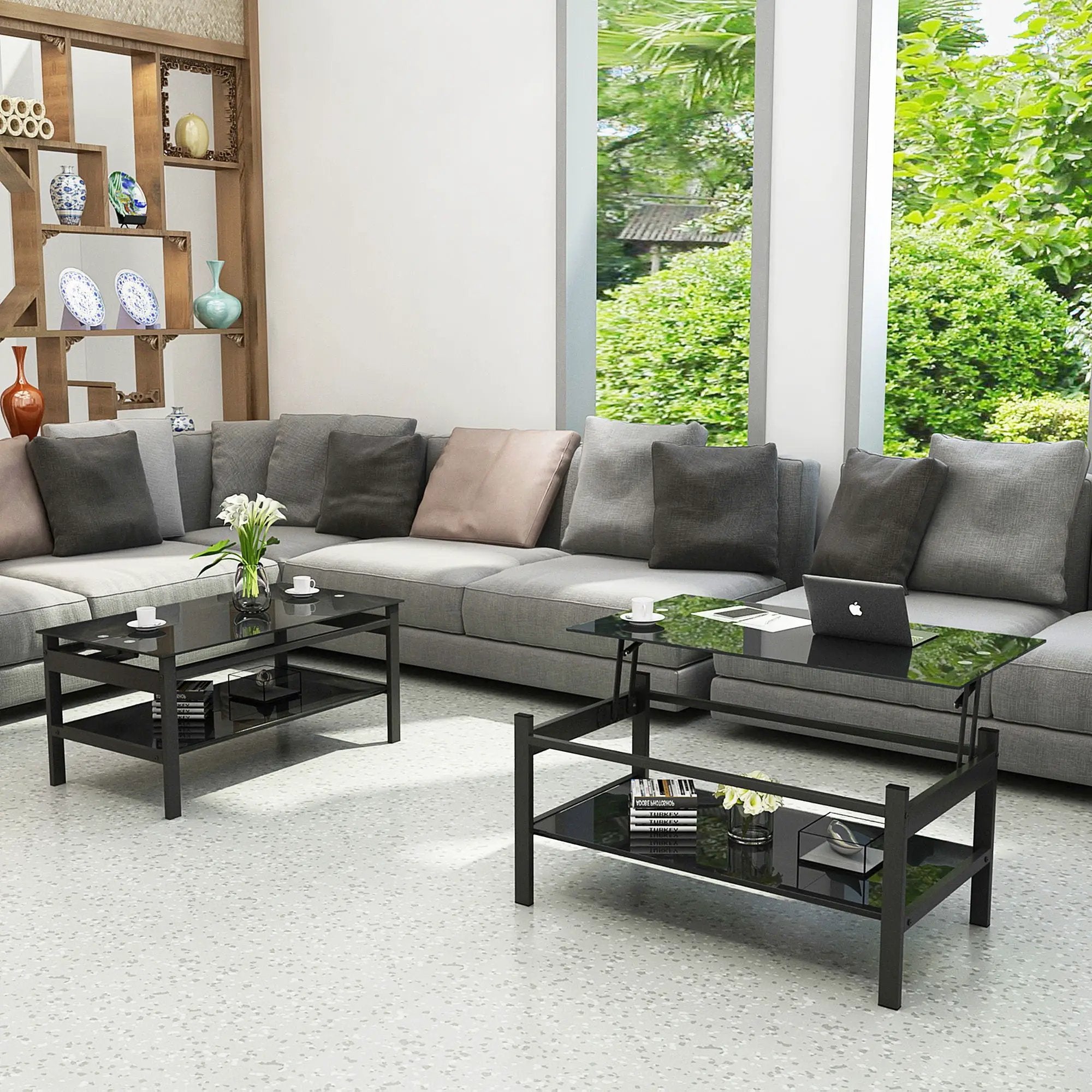 Glass Lift Top Coffee Table, Modern Simple 2-Layer Tempered Glass Coffee Table For Living Room - Black by Unique Piece Furniture