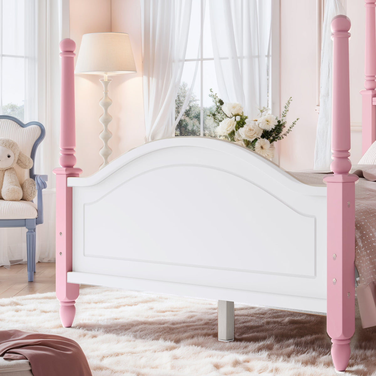 Full Size Crown Shaped Platform Bed, Four Poster Stylish Wooden Bed Frame, Elegant Curved Headboard Bed Frame For Bedroom,White&Pink, photo 7 of 10