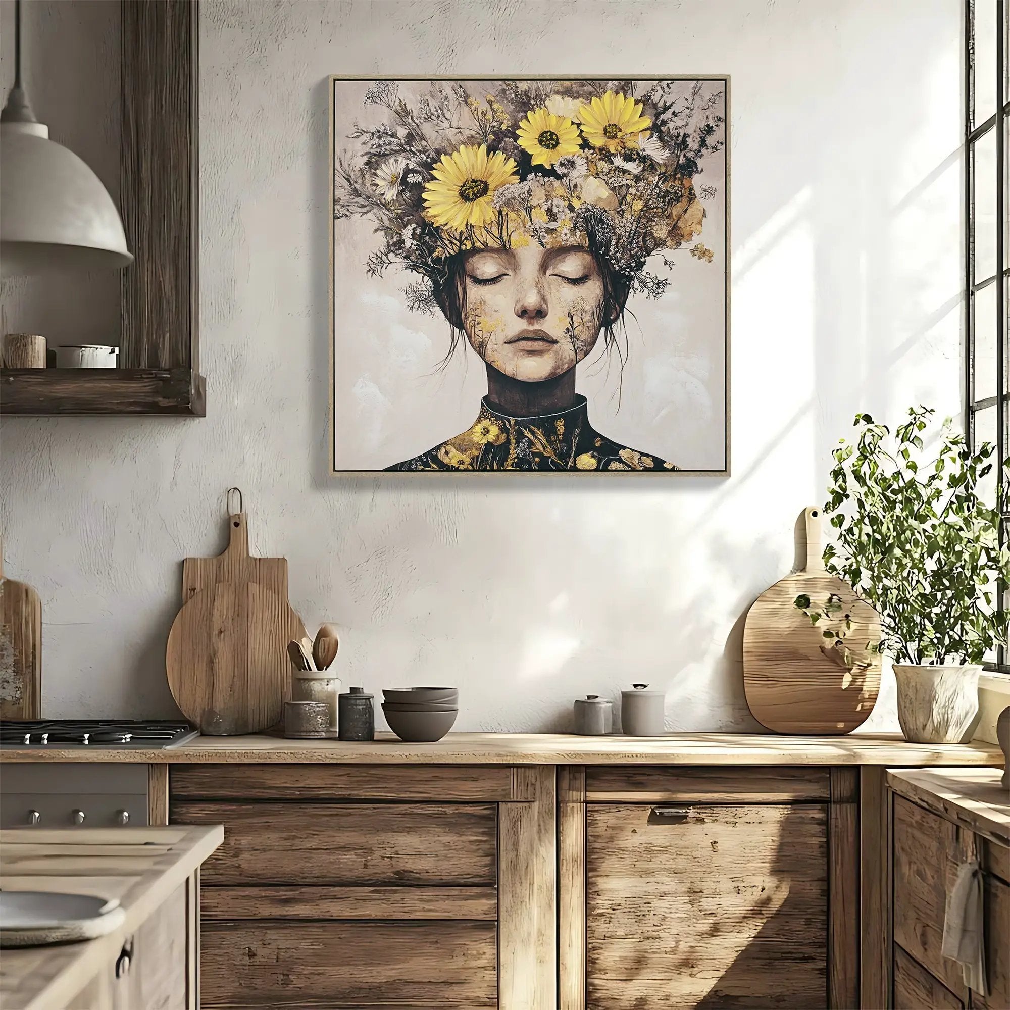 Beauty Lady Wall Art Gold and White Floral Canvas Artwork 24x24 Inch by HouseOfZazla