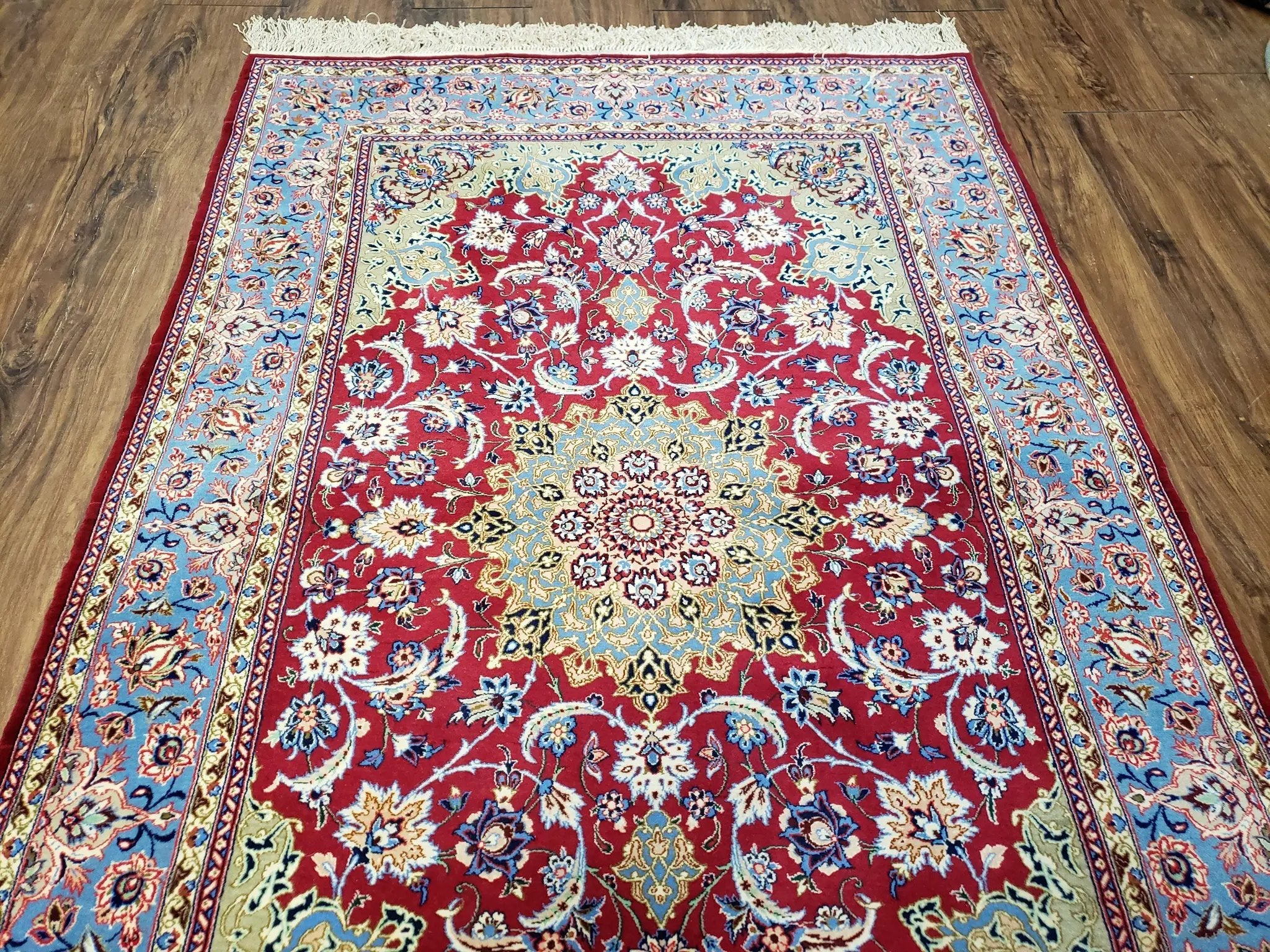 Semi Antique Persian Isfahan Rug, Kork Wool on Silk Foundation, Red & Blue, Top Quality, 3'6" x 5' 6" by Jewel Rugs