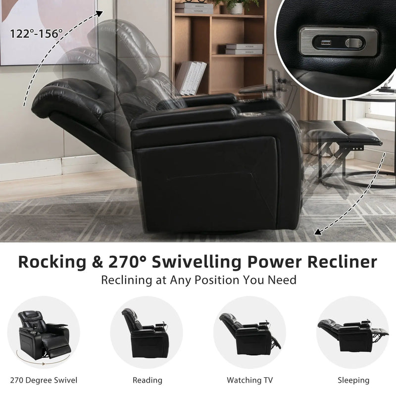 270 Degree Swivel Power Recliner With Tray Table, Phone Holder, Cup Holder, USB Port by HouseOfZazla