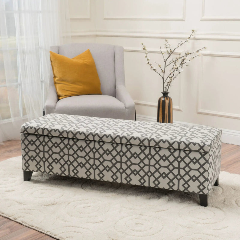 Quotient Upholstered Storage Ottoman With Tapered Block Feet - Gray / White by HouseOfZazla