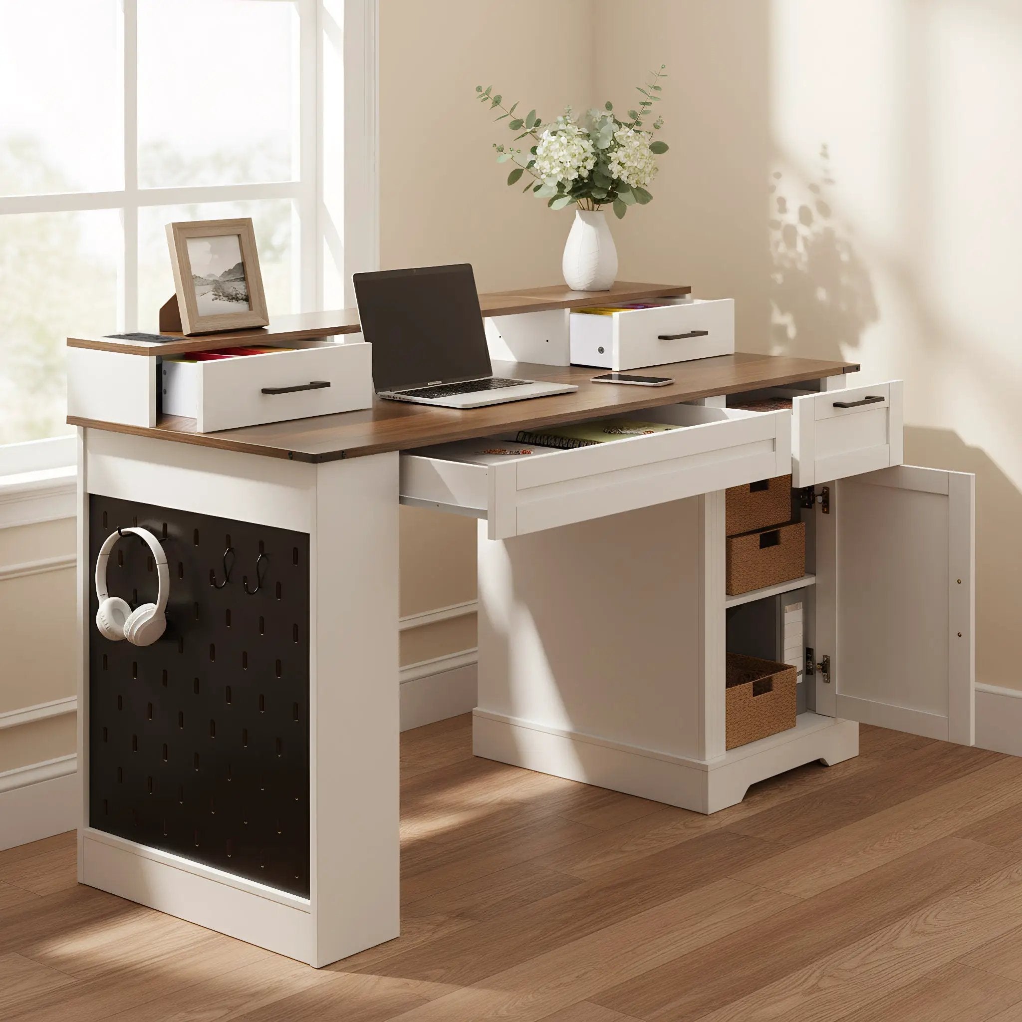55" Farmhouse Office Desk with Storage Cabinet & Charging Station by HouseOfZazla