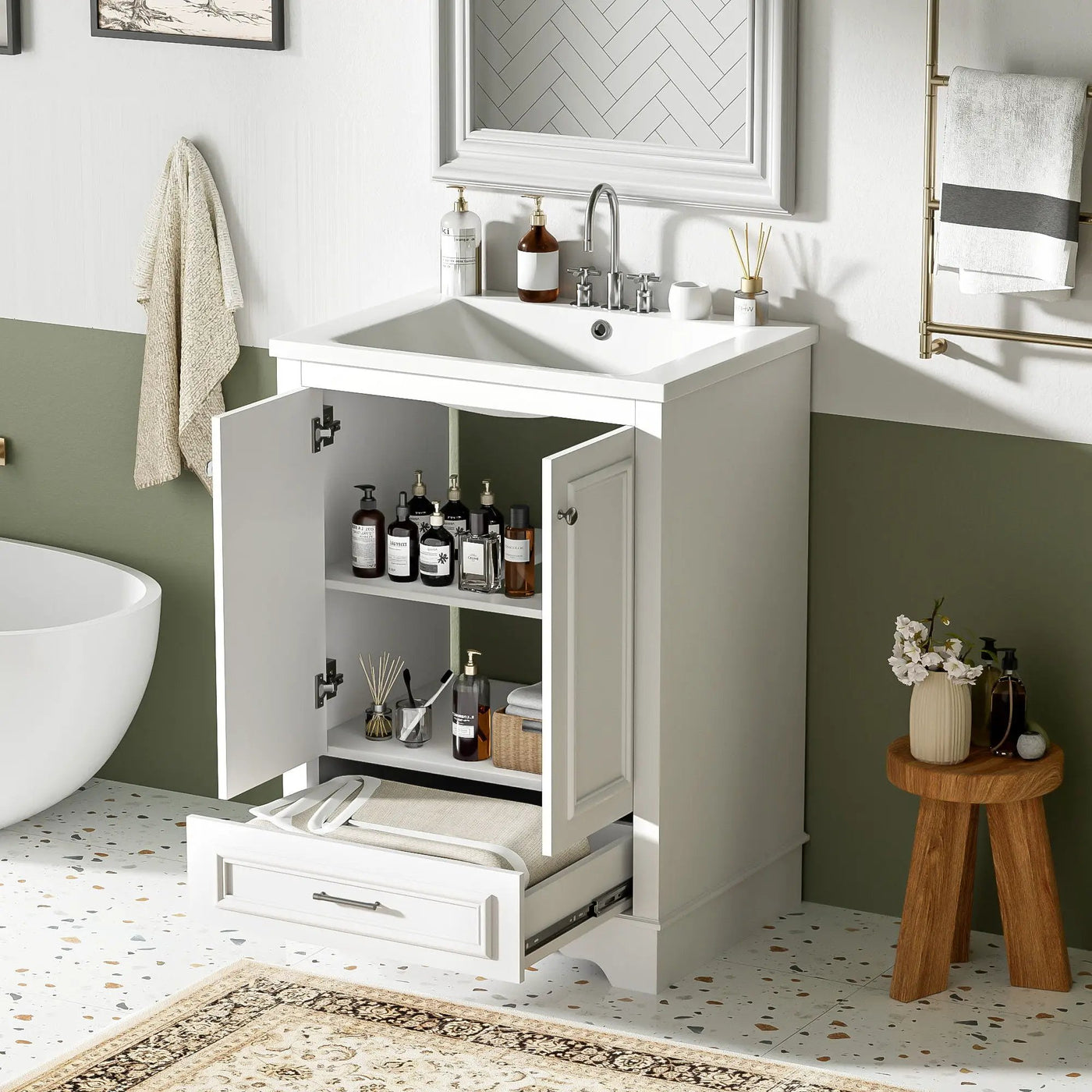 Bathroom Vanity With Ceramic Sink Combo, Modern Freestanding Storage Cabinet With Silver Handles by HouseOfZazla