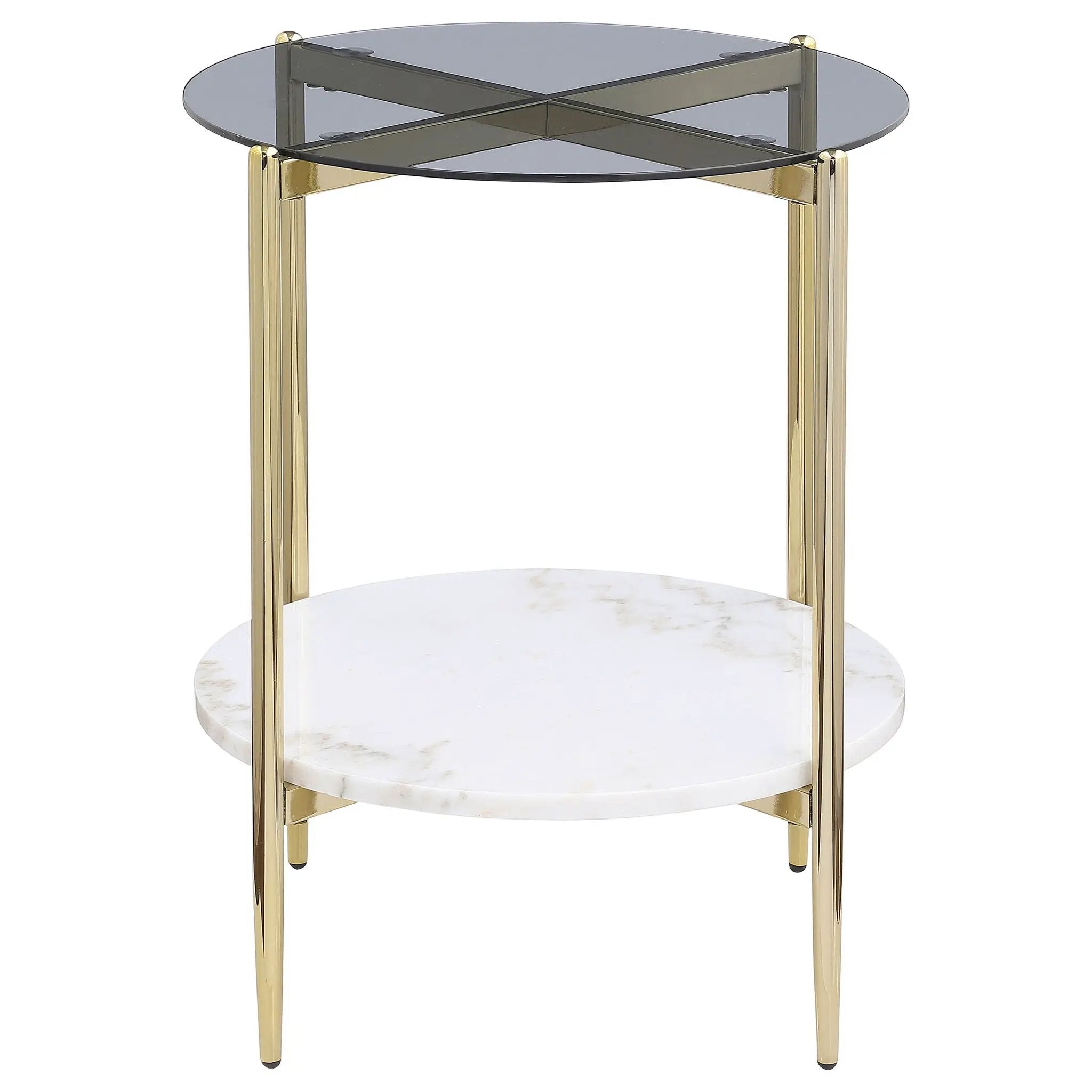 Jonelle Round Glass Top End Table White Marble Shelf Gold by Unique Piece Furniture