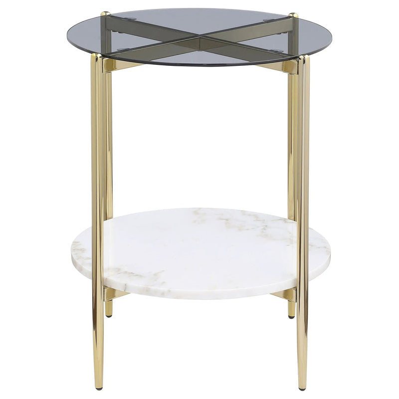 Jonelle Round Glass Top End Table White Marble Shelf Gold by Unique Piece Furniture