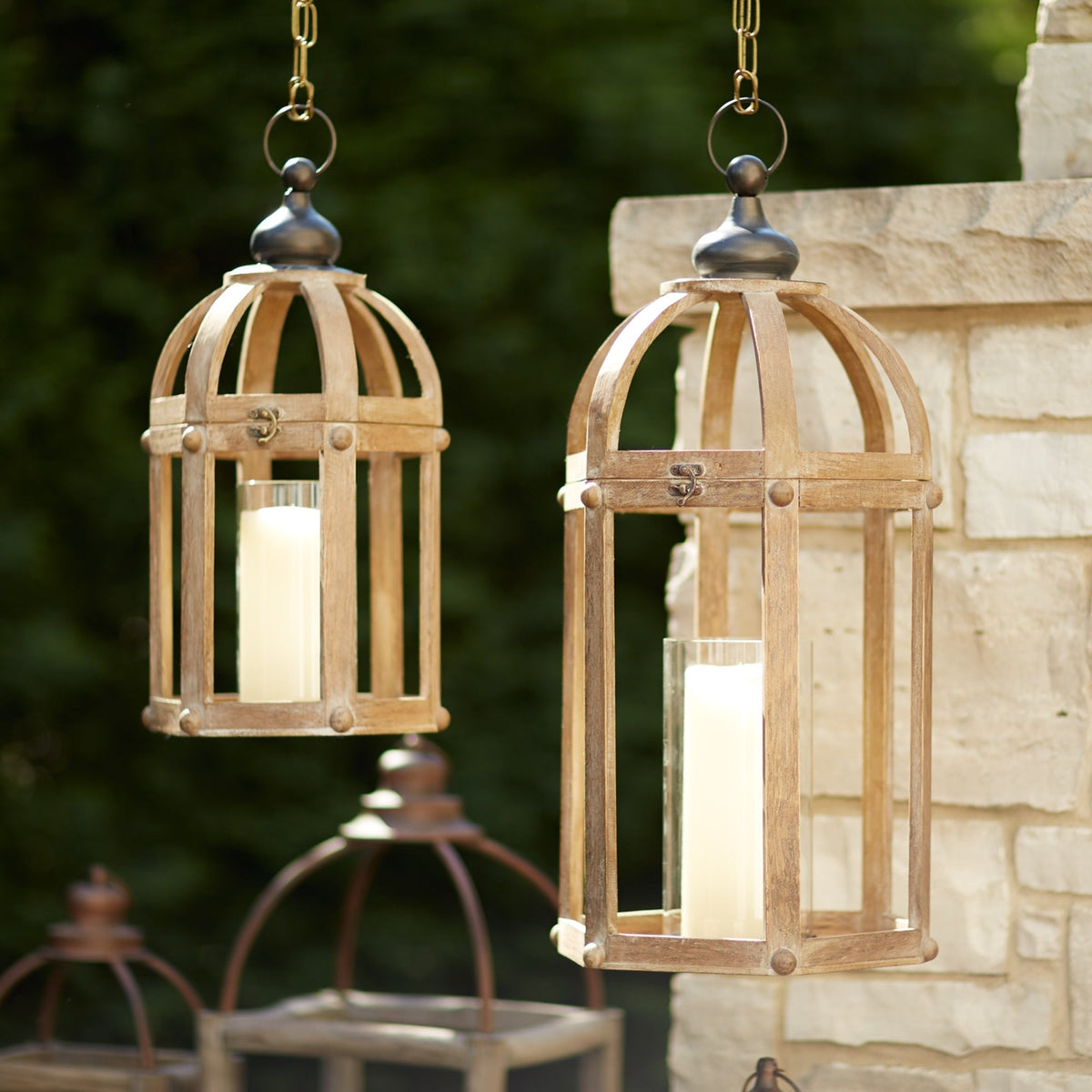 Open Wood Lantern with Glass Hurricane (Set of 2), photo 2 of 2