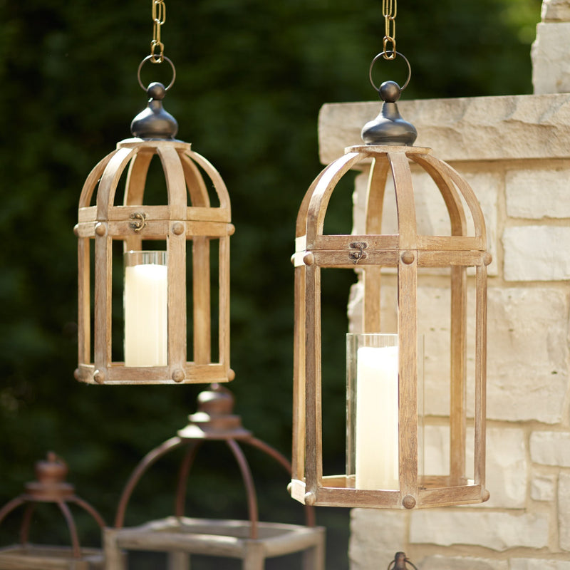 Open Wood Lantern with Glass Hurricane (Set of 2), photo 2 of 2