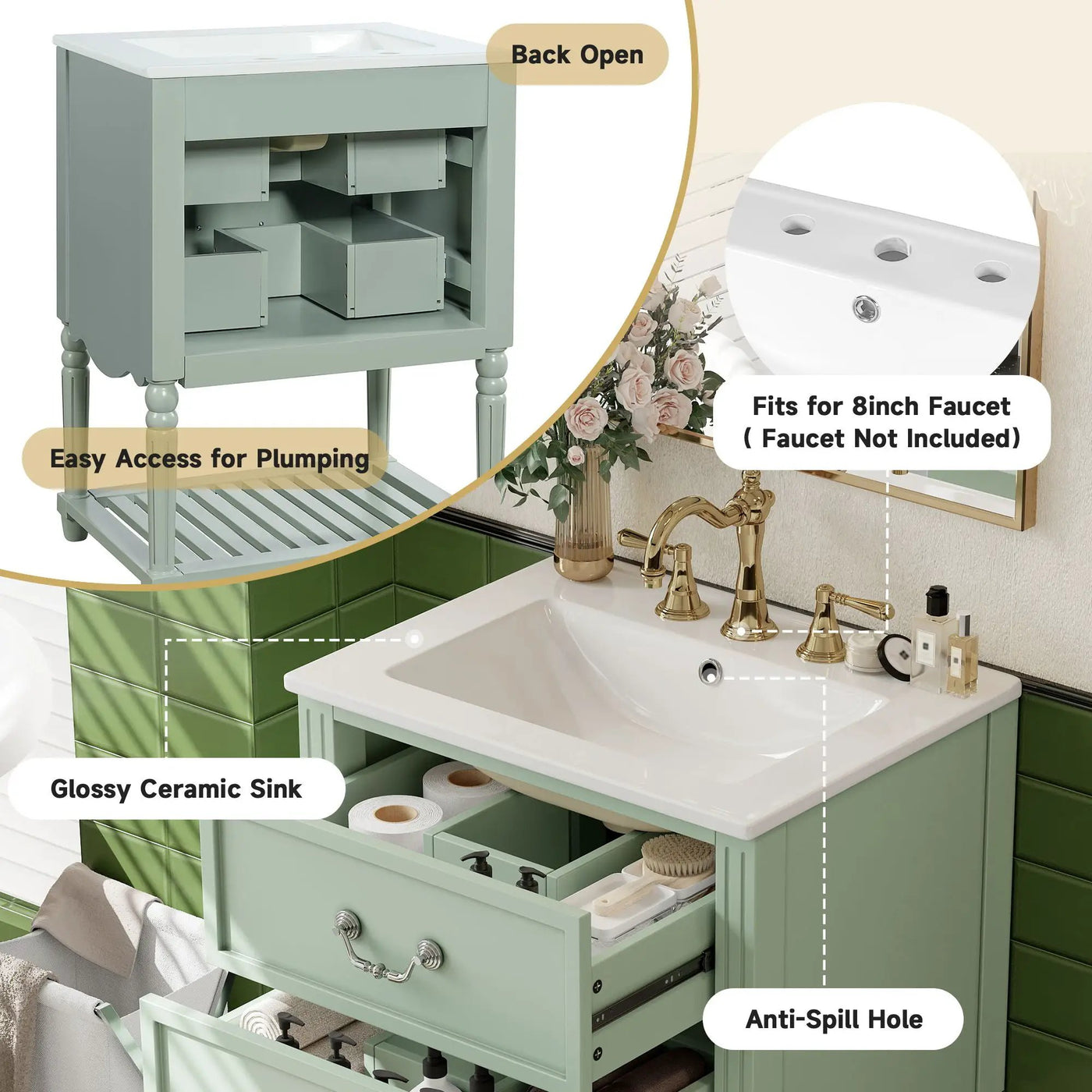 Wave Design Bathroom Vanity With Sink, 2 Drawers And Open Shelf by HouseOfZazla