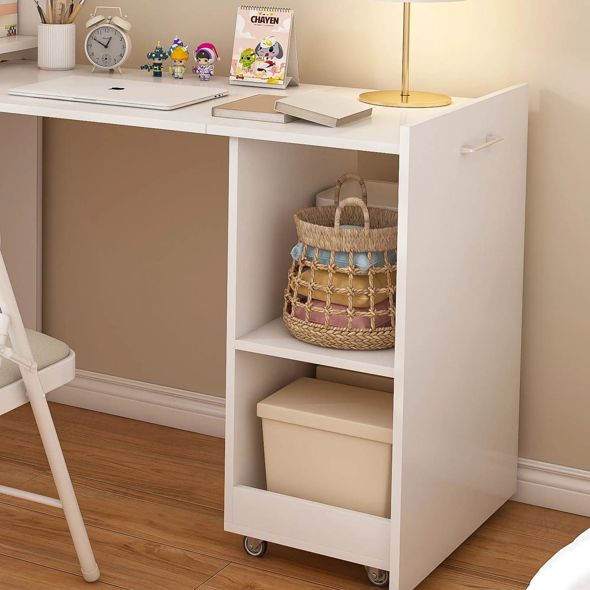 Stretchable Office Desk With Storage Shelves And Mobile Wheels