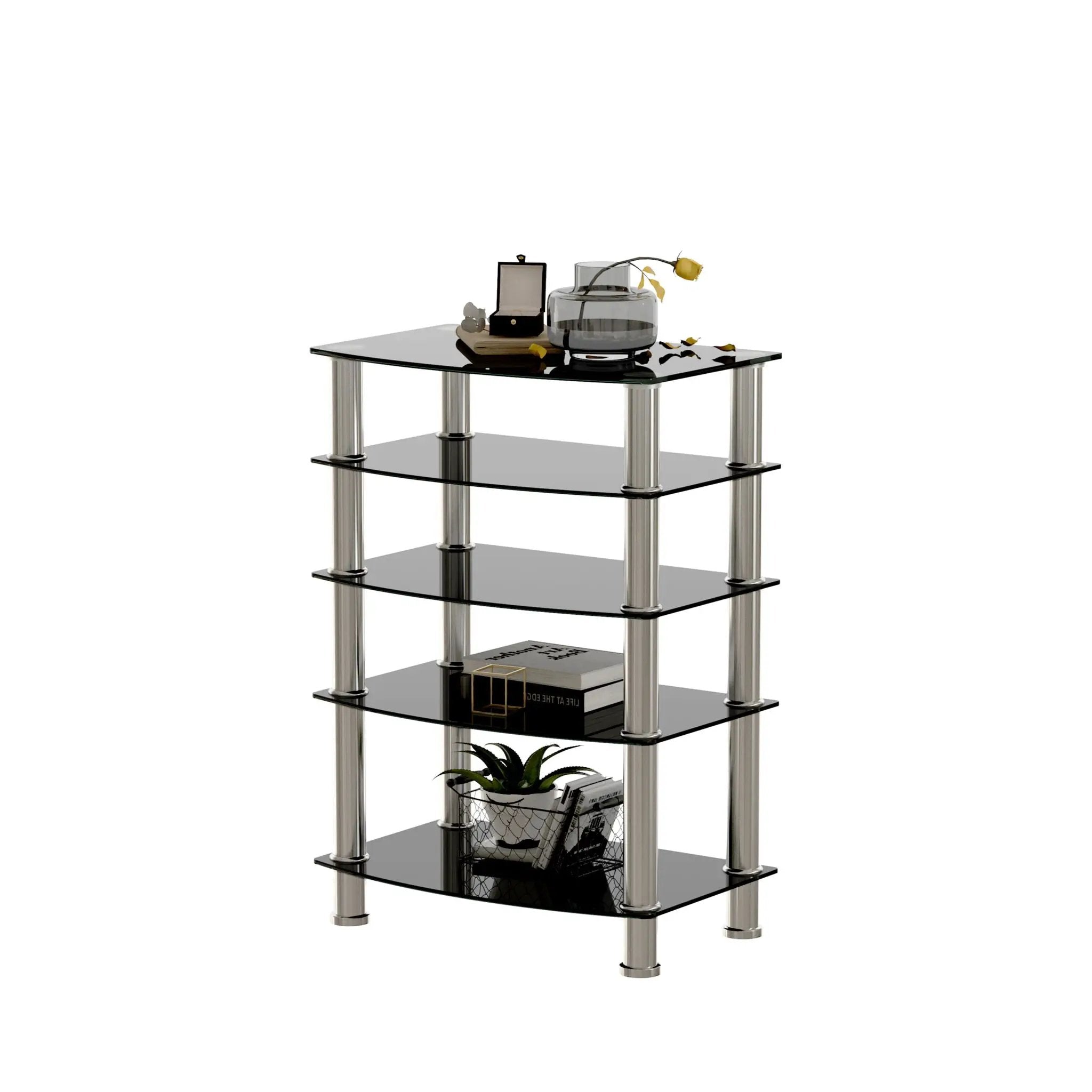5 Tier Tempered Glass Side Table, Stainless Steel Frame End Table For Living Room, Bedroom - Black by Unique Piece Furniture