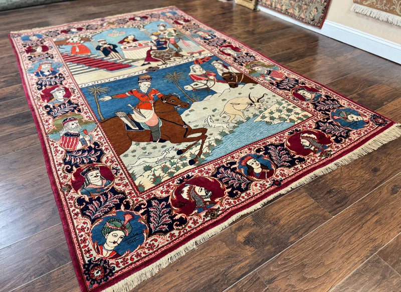 Rare Persian Kashan Pictorial Rug 6x9, King Bahram Hunting Scene, Persian Kings, Hand Knotted Persian Rug for Wall Hanging, Antique, Wool by Jewel Rugs