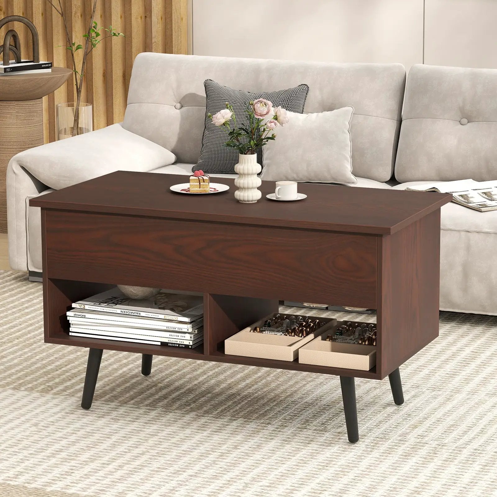 31.5 Inch Lift-Top Coffee Table with Hidden Storage and 2 Open Shelves by DirectDeals