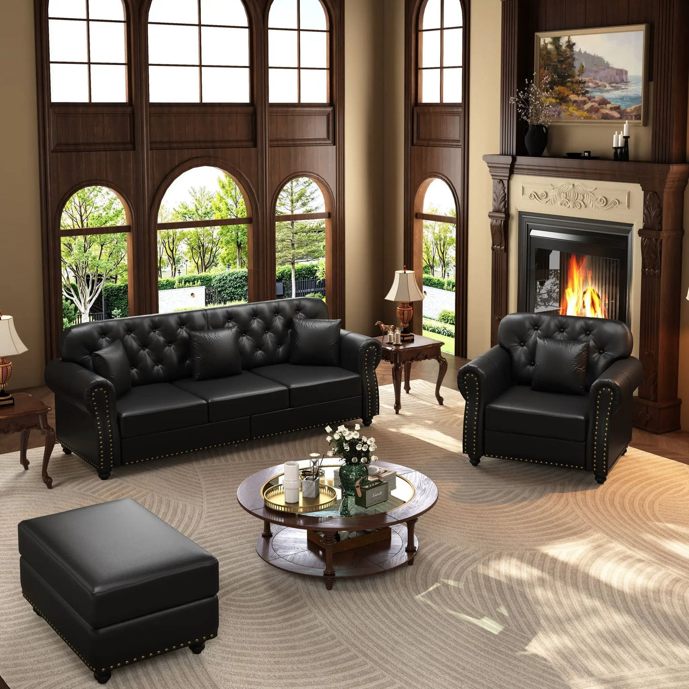 Upholstered Sofa With Nailhead Trim, Rolled Armrests With Ottoman by HouseOfZazla