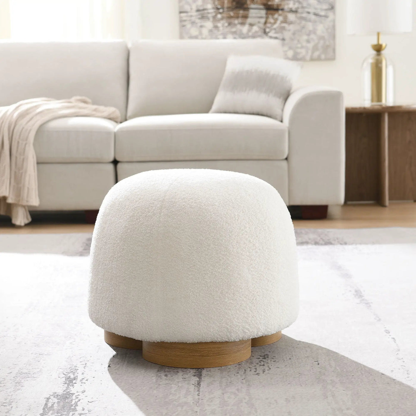 Round Soft Teddy Fabric Upholstered Ottoman With Metal Accents by HouseOfZazla