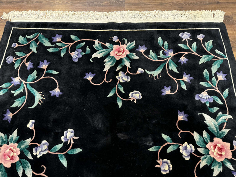 Chinese Wool Rug 6x9, Black, Floral, Minimal Design, 90 Line Carpet, Vintage Art Deco Rug by Jewel Rugs