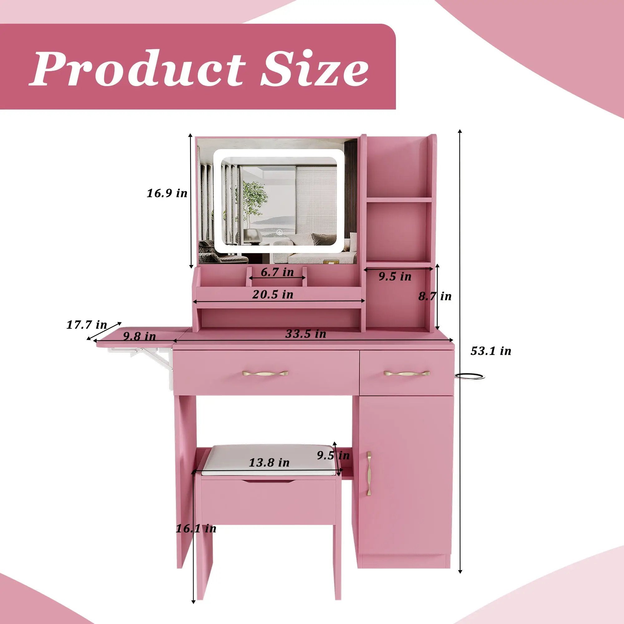 Vanity Desk With LED Mirror Lights And Power Outlet Charging Station, 3 Drawers, 7 Shelves, Storage Stool - Pink by Unique Piece Furniture