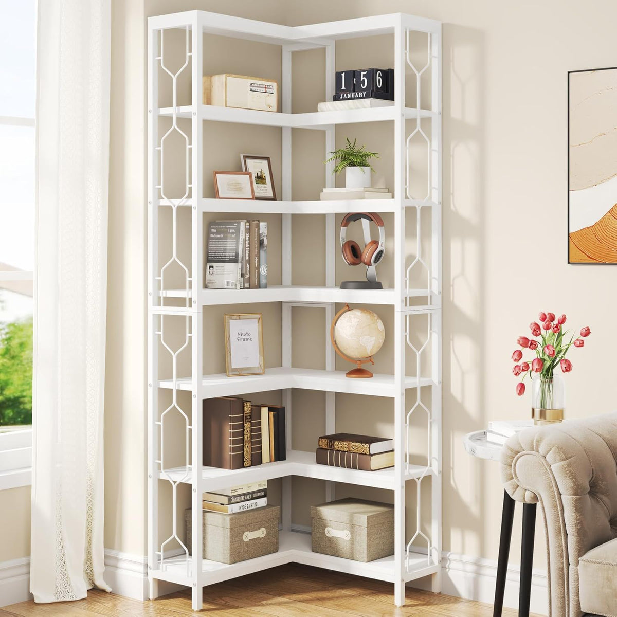 7 Tier Corner Bookshelf with Hexagonal Design - Dark Brown, White, Dark Gray, photo 6 of 12