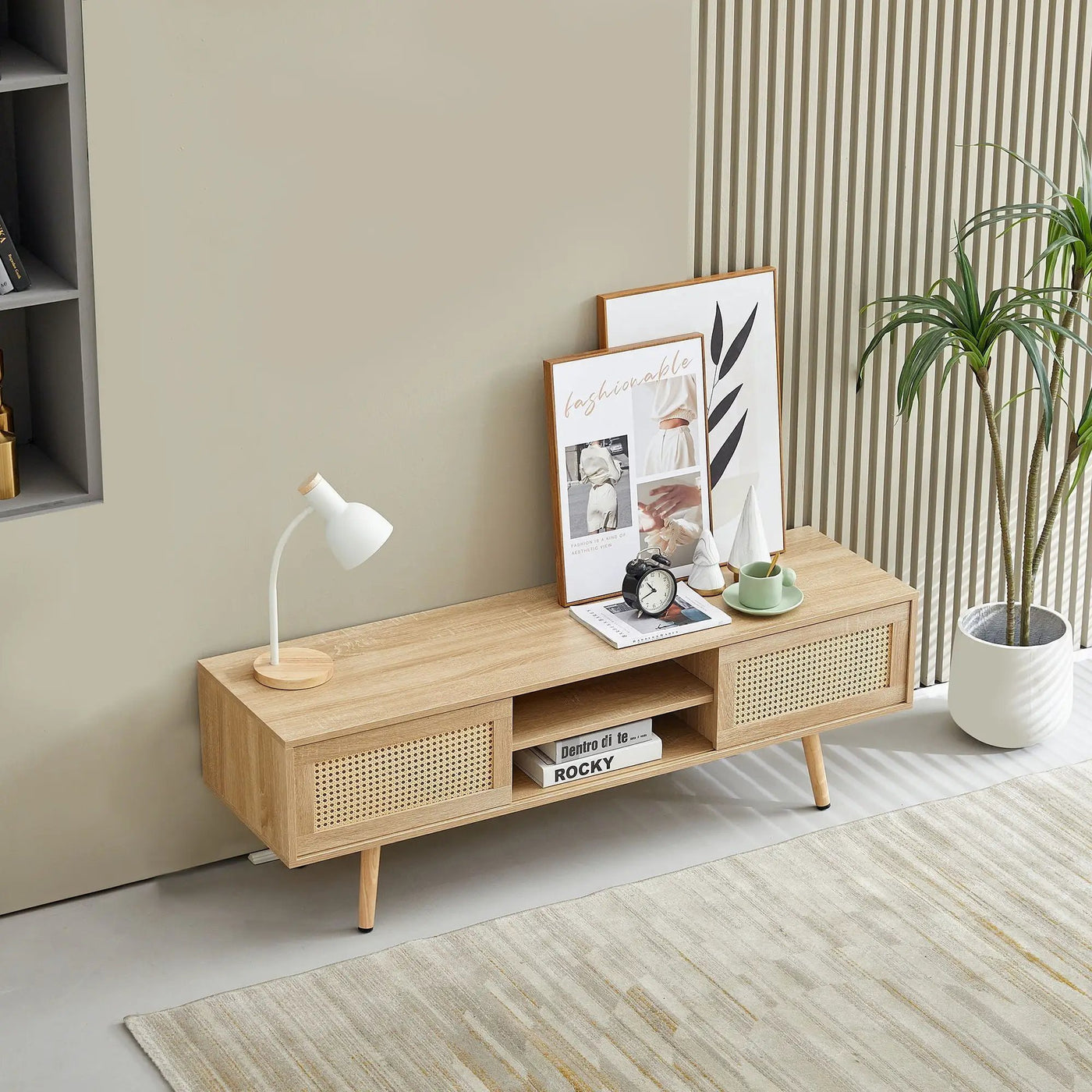 55.12" Rattan TV Cabinet, Double Sliding Doors For Storage, Adjustable Shelf, Solid Wood Legs, TV Console For Living Room by HouseOfZazla