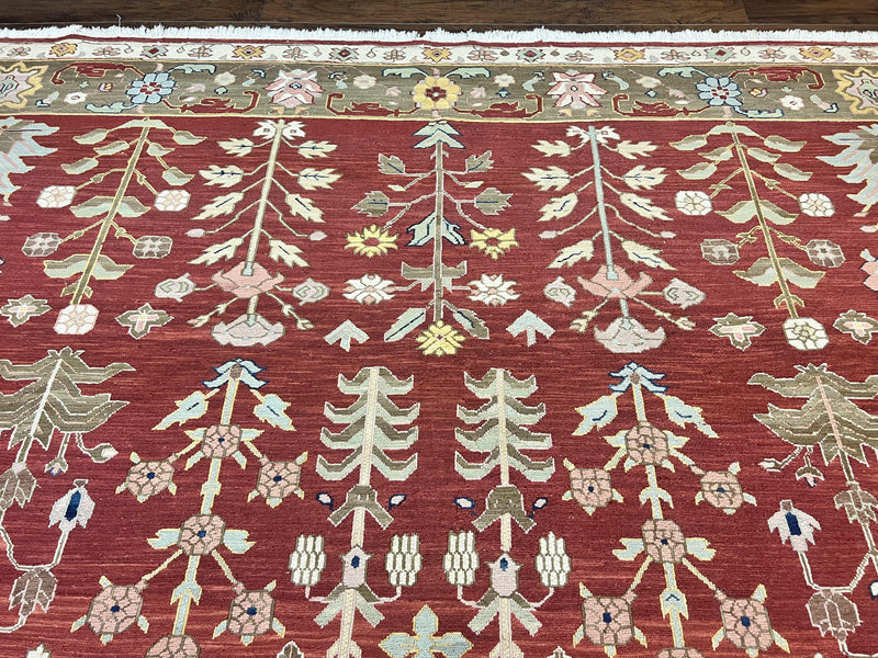 Indian Rug 10x14, Wool Hand Knotted Flatweave Carpet, Tree of Life, Red and Green by Jewel Rugs