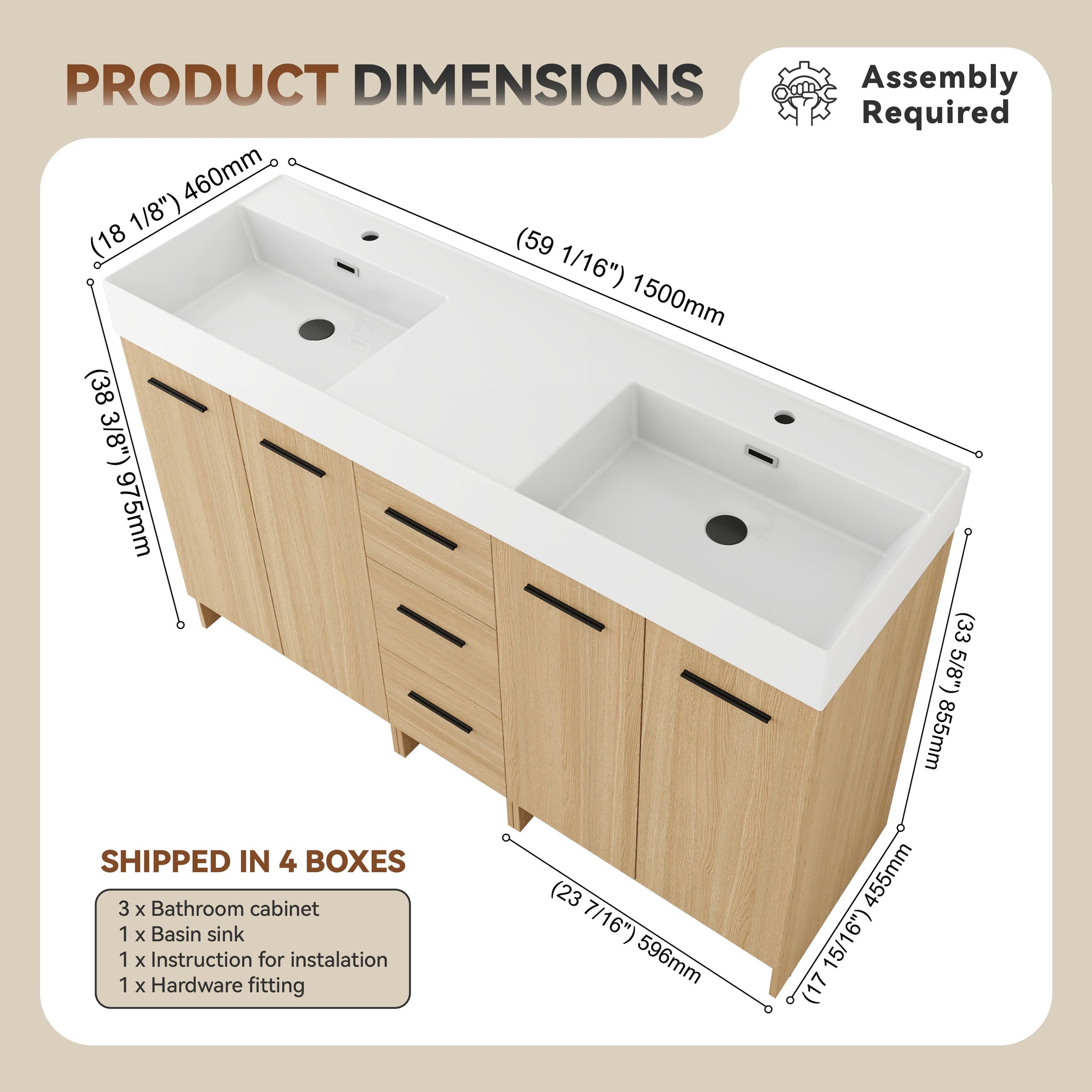 60" Double Sink Bathroom Vanity with 3 Drawers and Large Storage by HouseOfZazla