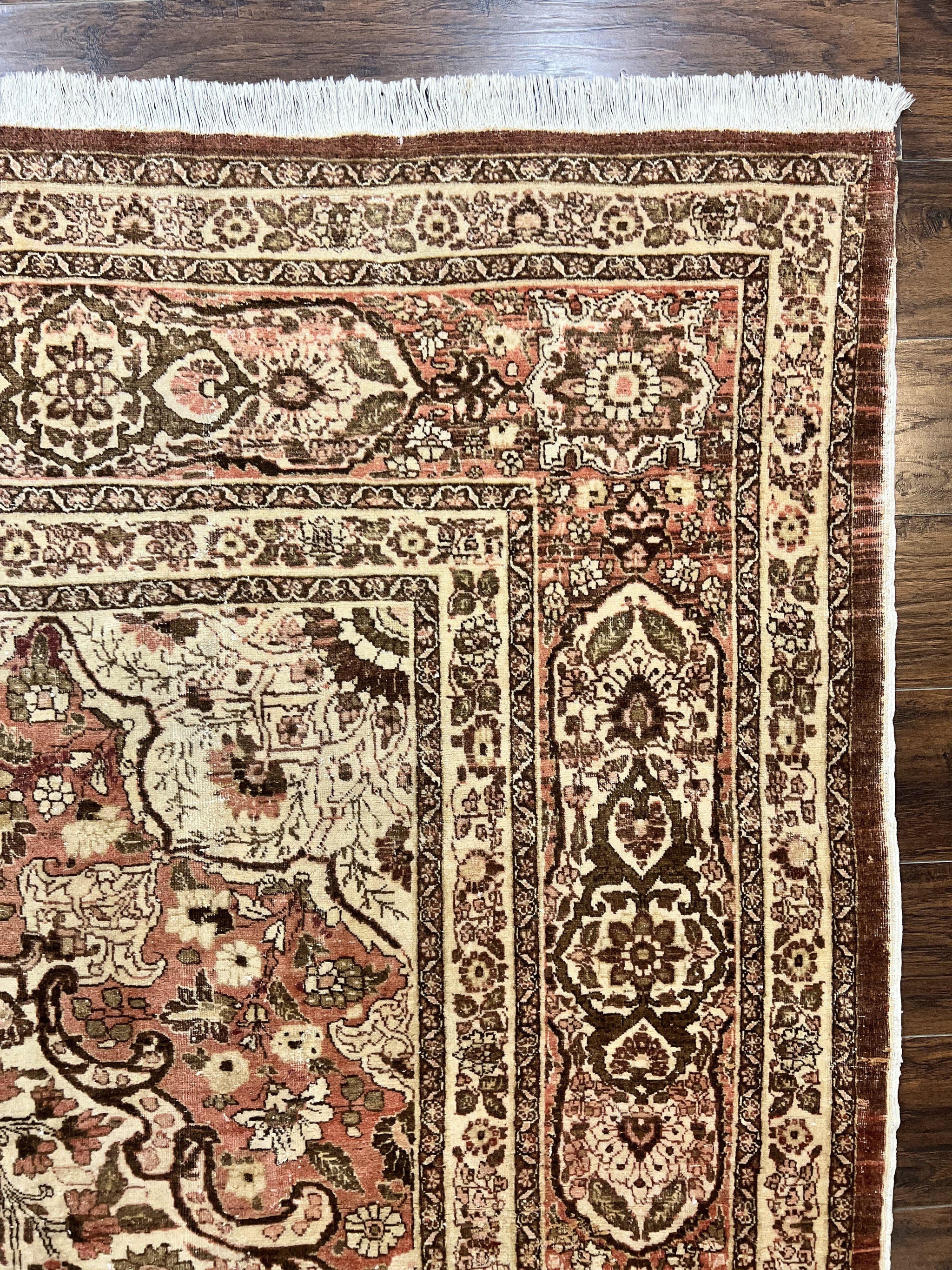 Antique Persian Tabriz Rug 10x12, Wool Hand Knotted Oriental Carpet, Beige Light Red, Floral Medallion by Jewel Rugs
