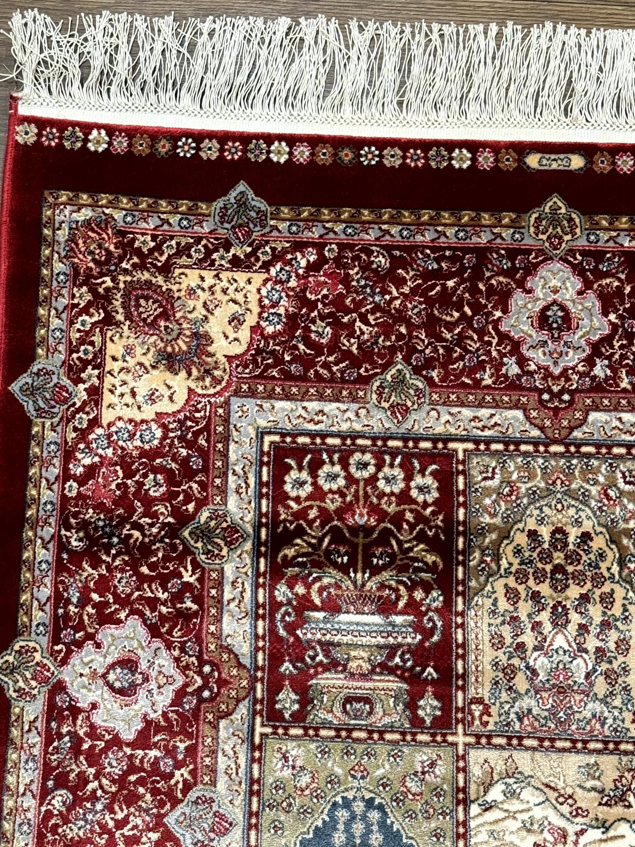 Turkish Silk Runner Rug 2.6 x 11.6, Panel Design, Dark Red Ivory, Bamboo Silk, New by Jewel Rugs