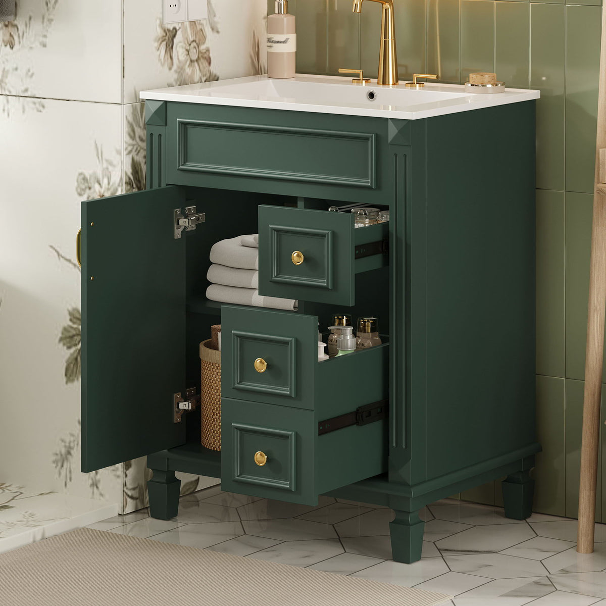 Compact Bathroom Vanity with Ceramic Sink and Storage Drawers - White, Green, Black, photo 14 of 24