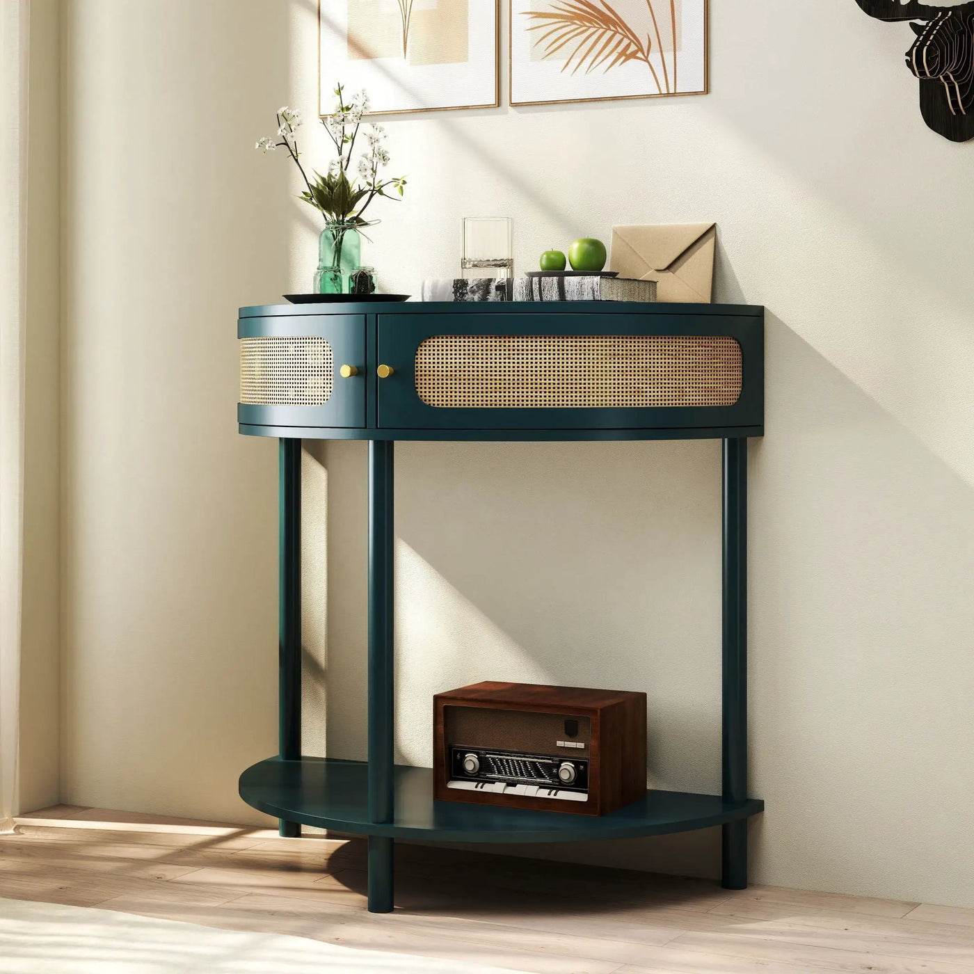 Boho Rattan Semi Circle End Table With Sliding Rattan Door, Storage And Bottom Shelf by Unique Piece Furniture