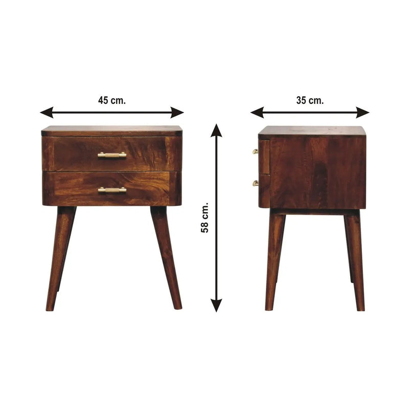 Solid Wood Chestnut T-Bar Nightstand, 2-Drawers, Nordic Legs by HouseOfZazla