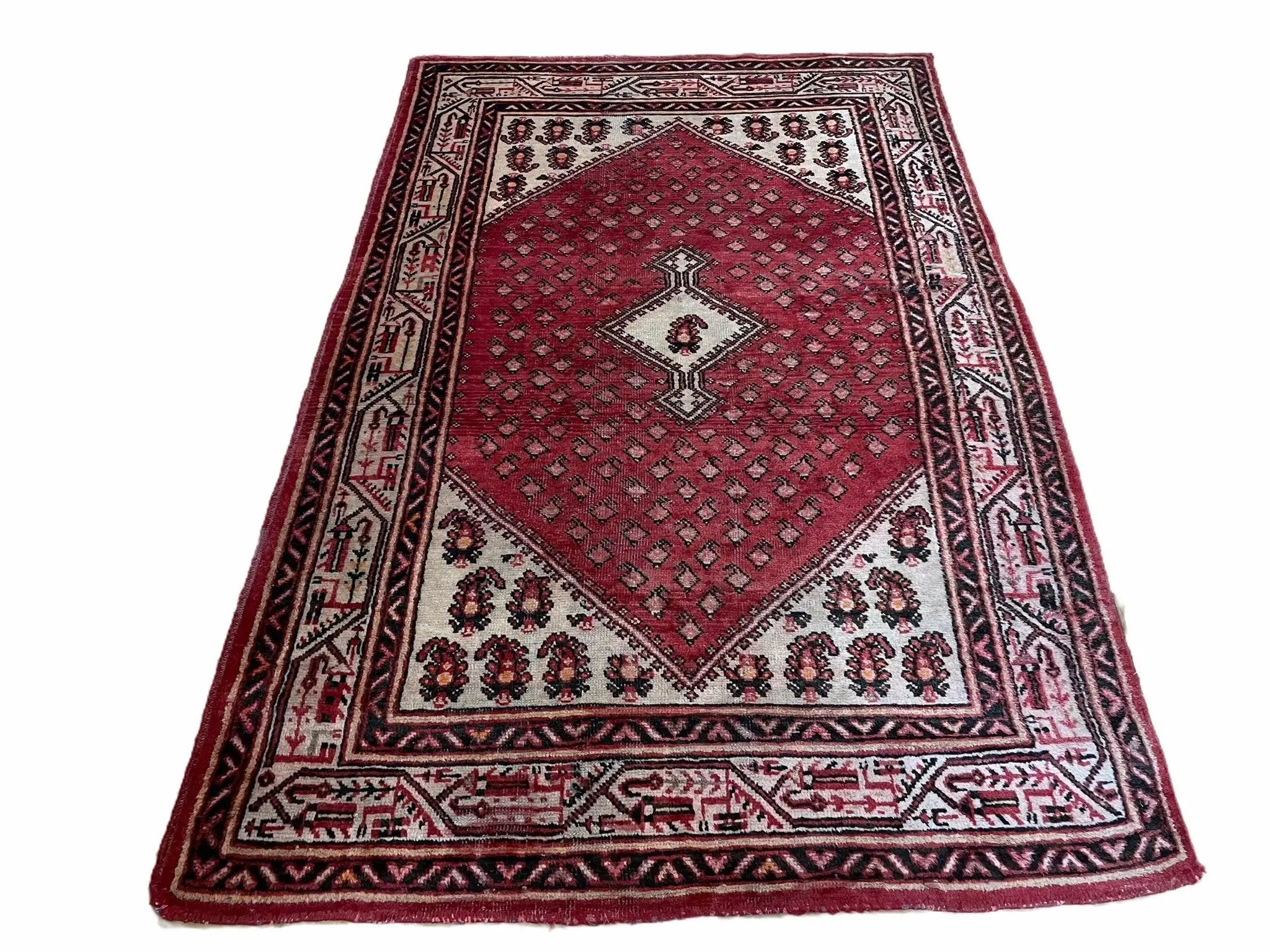 4 X 6.5 Antique Handmade Wool Rug Paisley Boteh Design Tribal Rug Red Ivory by Jewel Rugs