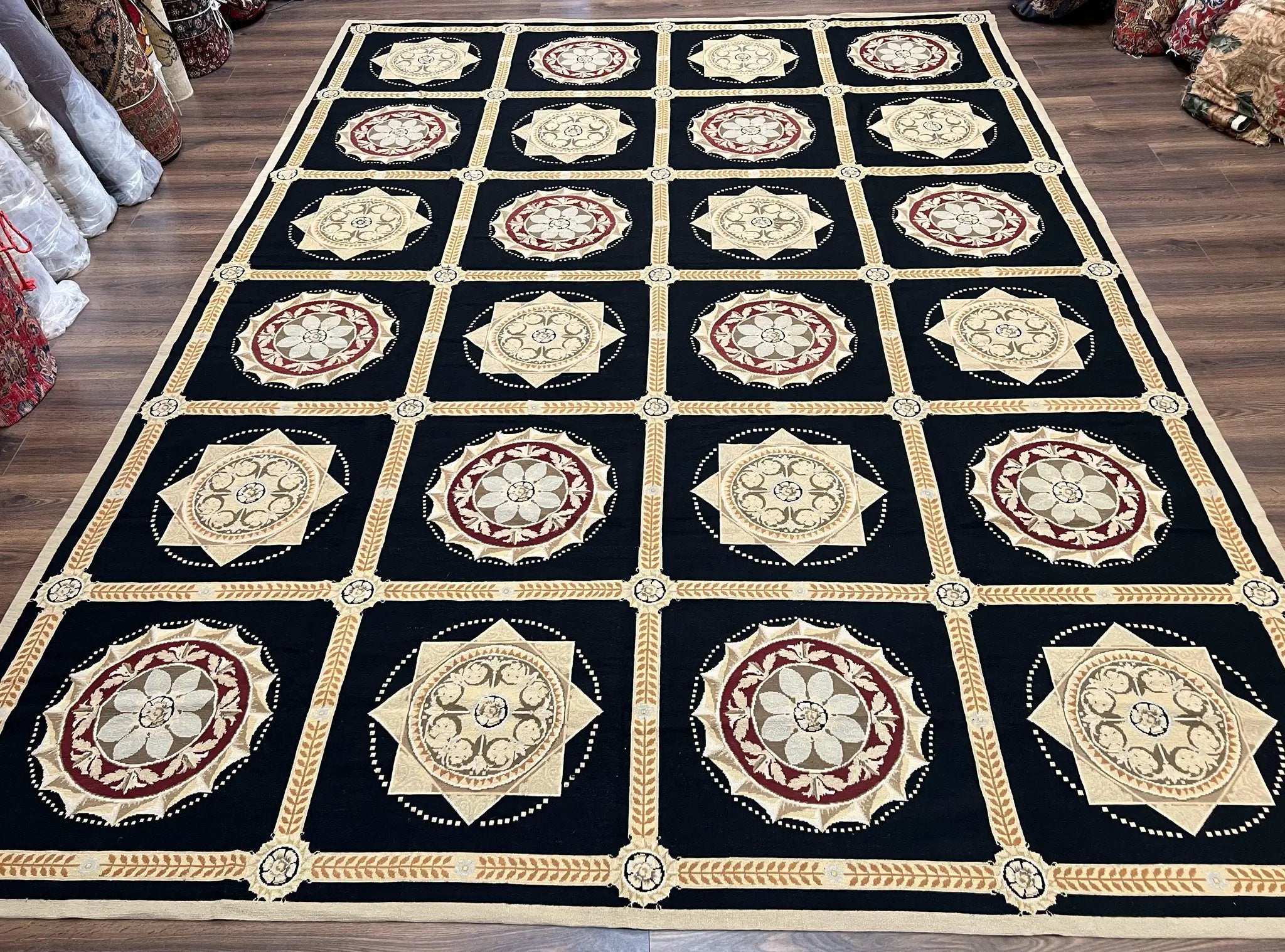 Large Needlepoint Rug 10x13, Panel Design, Black and Beige, Wool Needlepoint Carpet 10 x 13, English Garden, Handwoven Area Rug, Living Room by Jewel Rugs