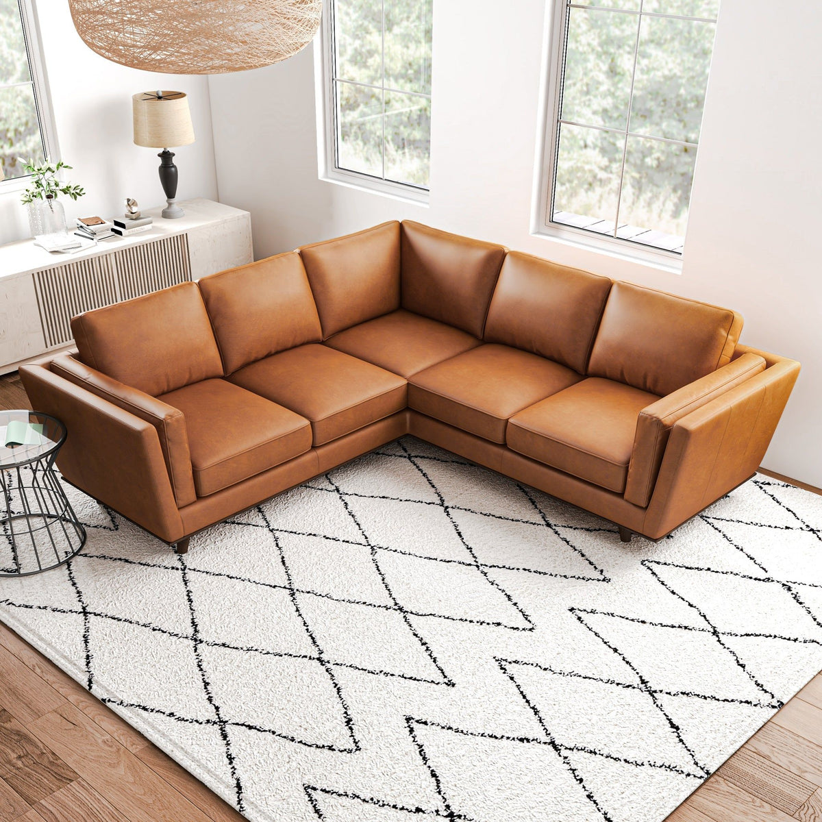 Tan Leather Corner Sectional Sofa with Eucalyptus Wood Frame - Tan, photo 6 of 10