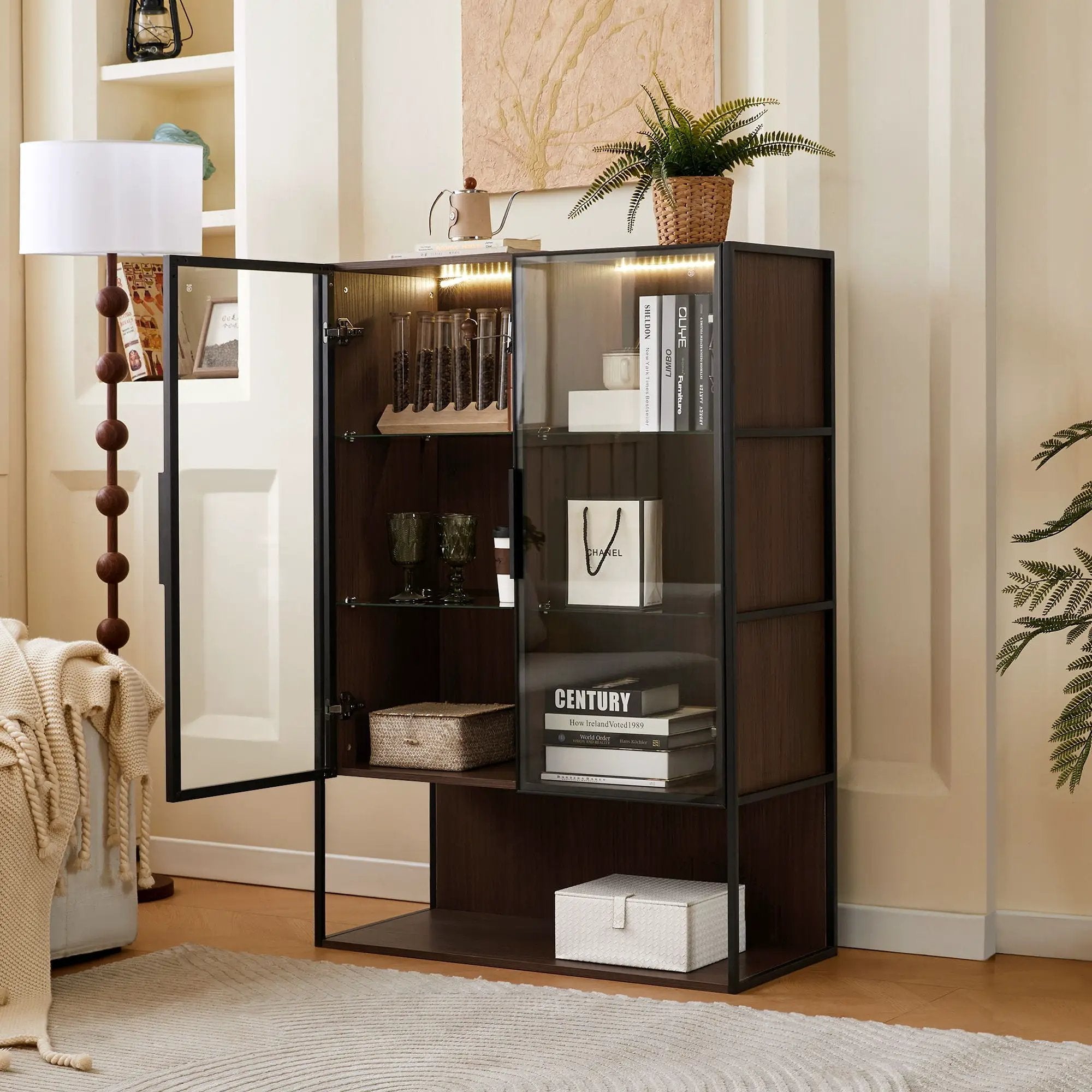 Modern Minimalist Tall Lighted Display Cabinet With Tempered Glass Door - Black / Dark Walnut by HouseOfZazla