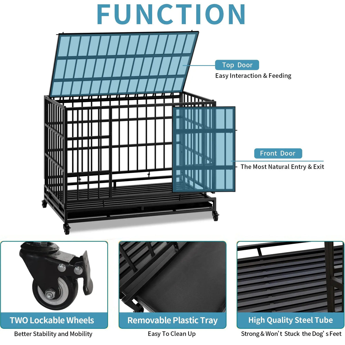 48 Inch Heavy Duty Indestructible Dog Crate with Wheels by HouseOfZazla