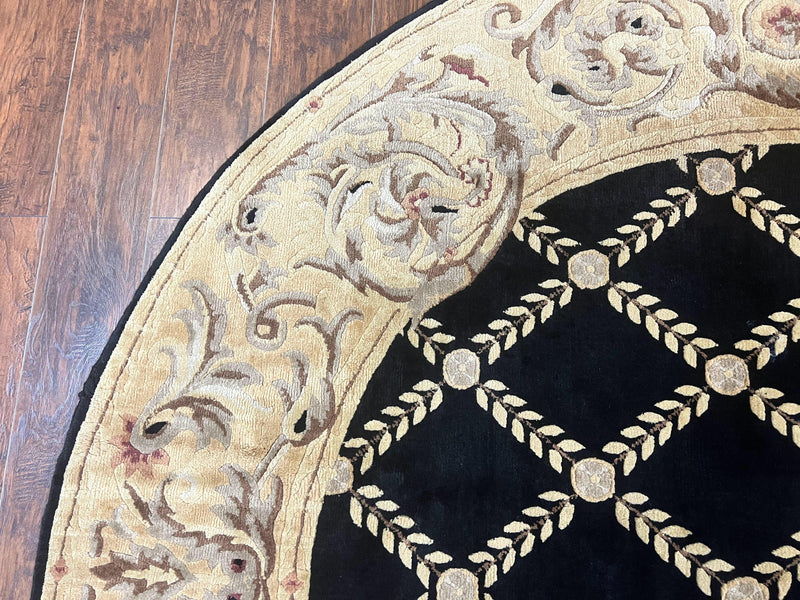 Oval Tibetan Rug 8x10, French Aubusson Design, Wool Handmade Vintage Carpet, Black & Beige, Soft Wool Pile by Jewel Rugs