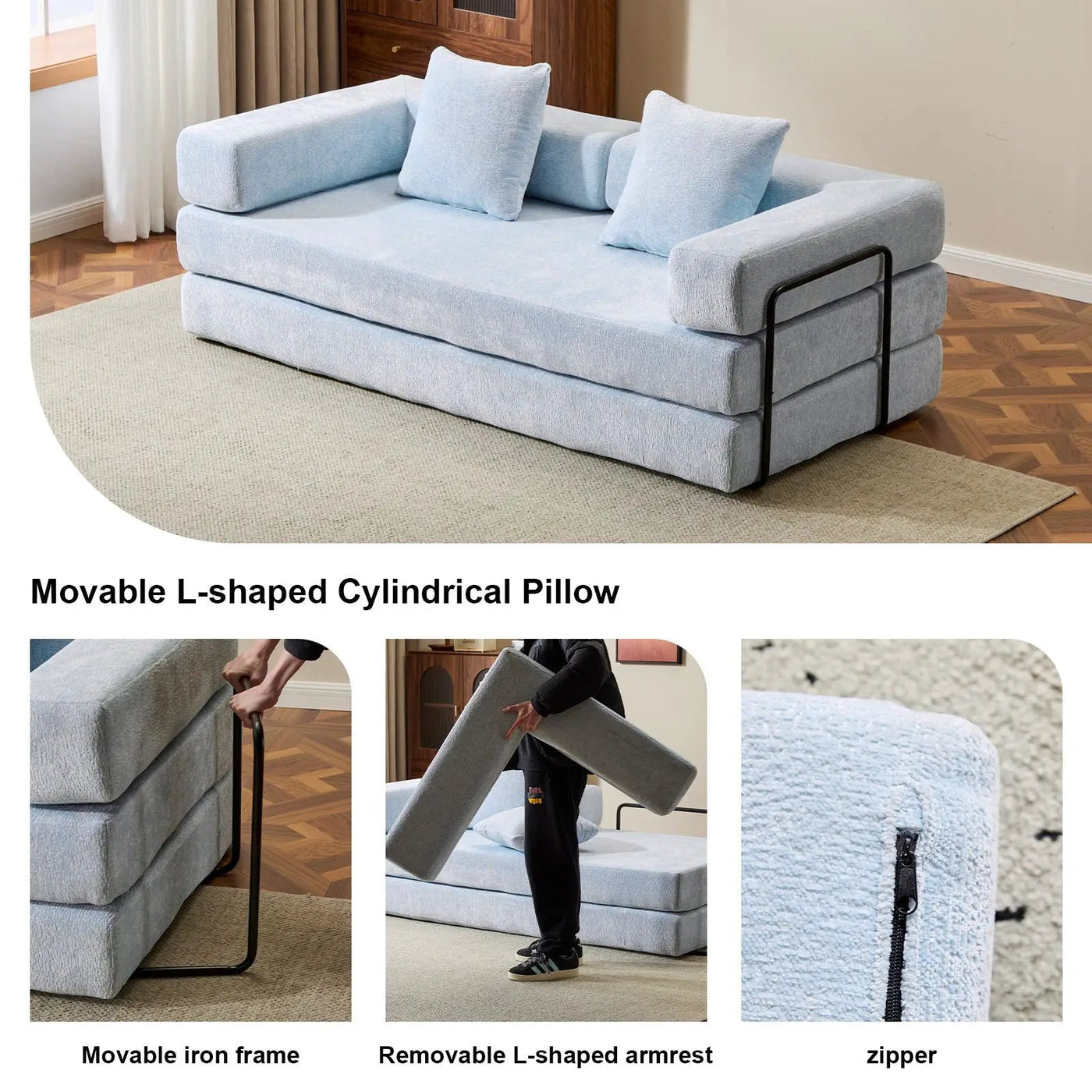 Convertible Floor Sofa Bed With Pillow Back Support Armrest by Unique Piece Furniture