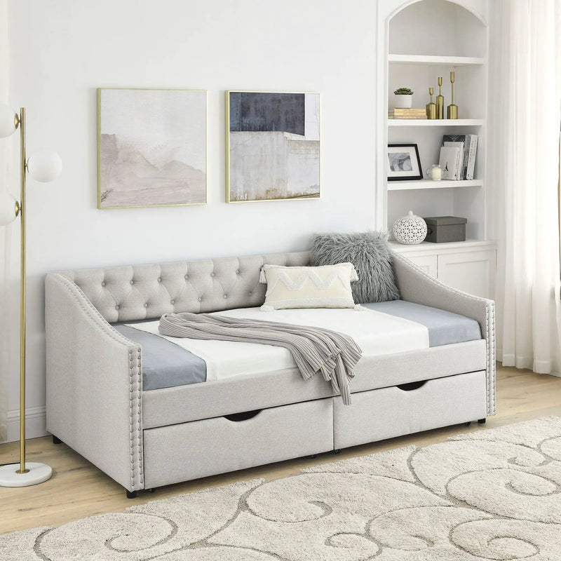 Upholstered Tufted Daybed With 2 Drawers, Waved Arms by Unique Piece Furniture
