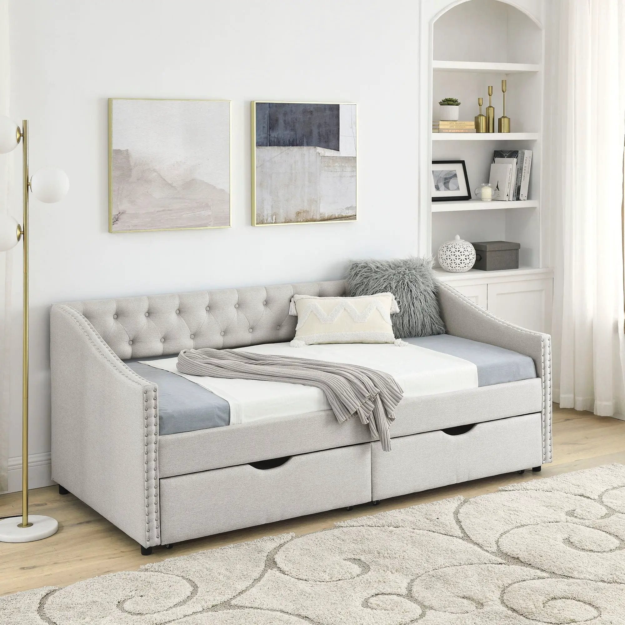 Upholstered Tufted Daybed With 2 Drawers, Waved Arms by Unique Piece Furniture
