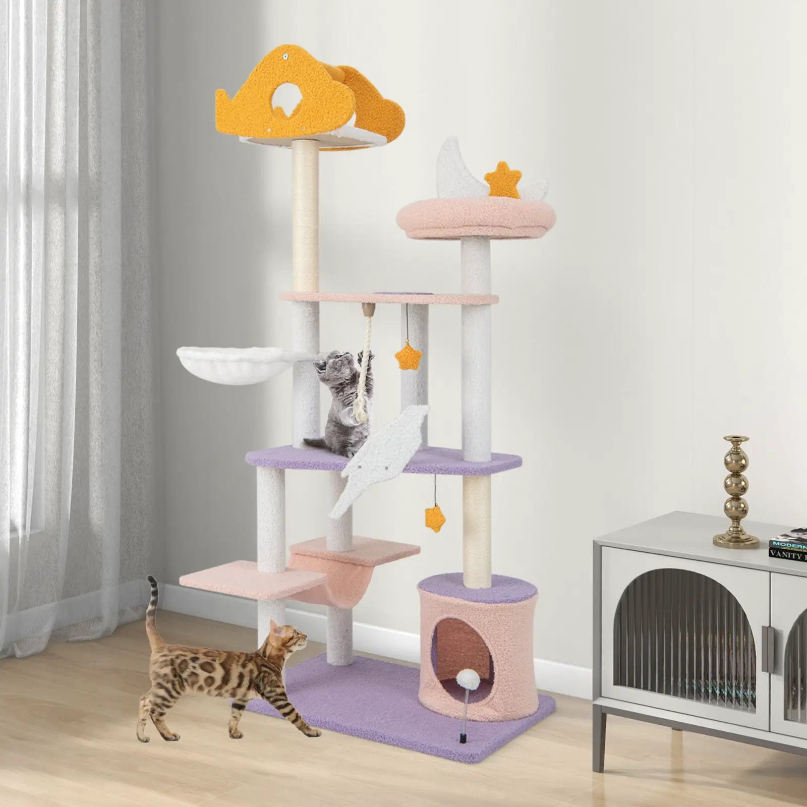 66 Inch Cute Cat Tree Cats Multi-level Tall Cat Tower with Sisal Covered Scratching Posts-Purple by DirectDeals