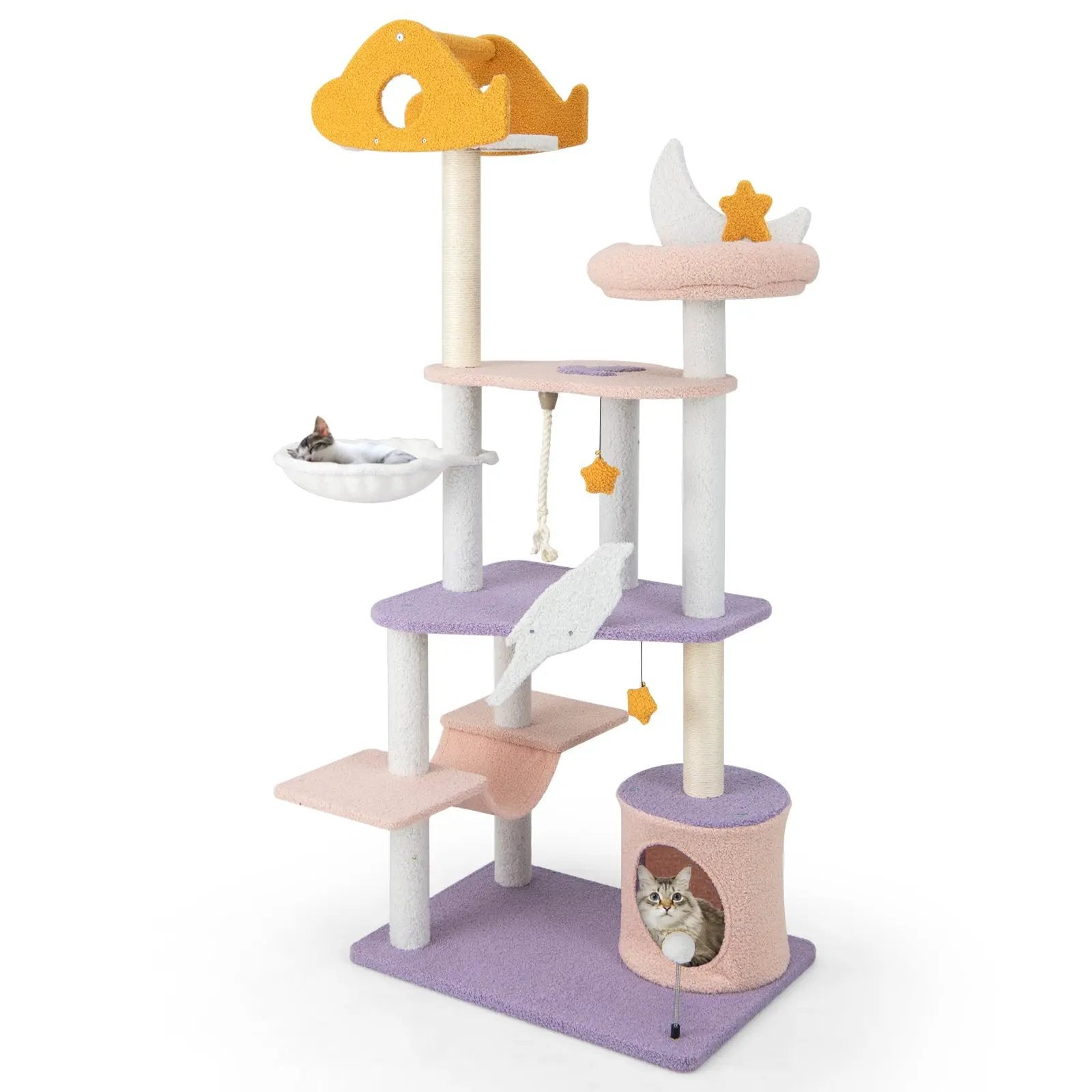 66 Inch Cute Cat Tree Cats Multi-level Tall Cat Tower with Sisal Covered Scratching Posts-Purple by DirectDeals