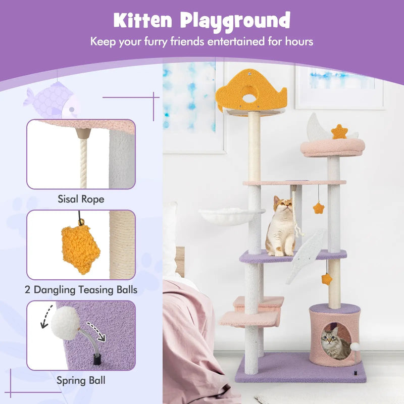 66 Inch Cute Cat Tree Cats Multi-level Tall Cat Tower with Sisal Covered Scratching Posts-Purple by DirectDeals